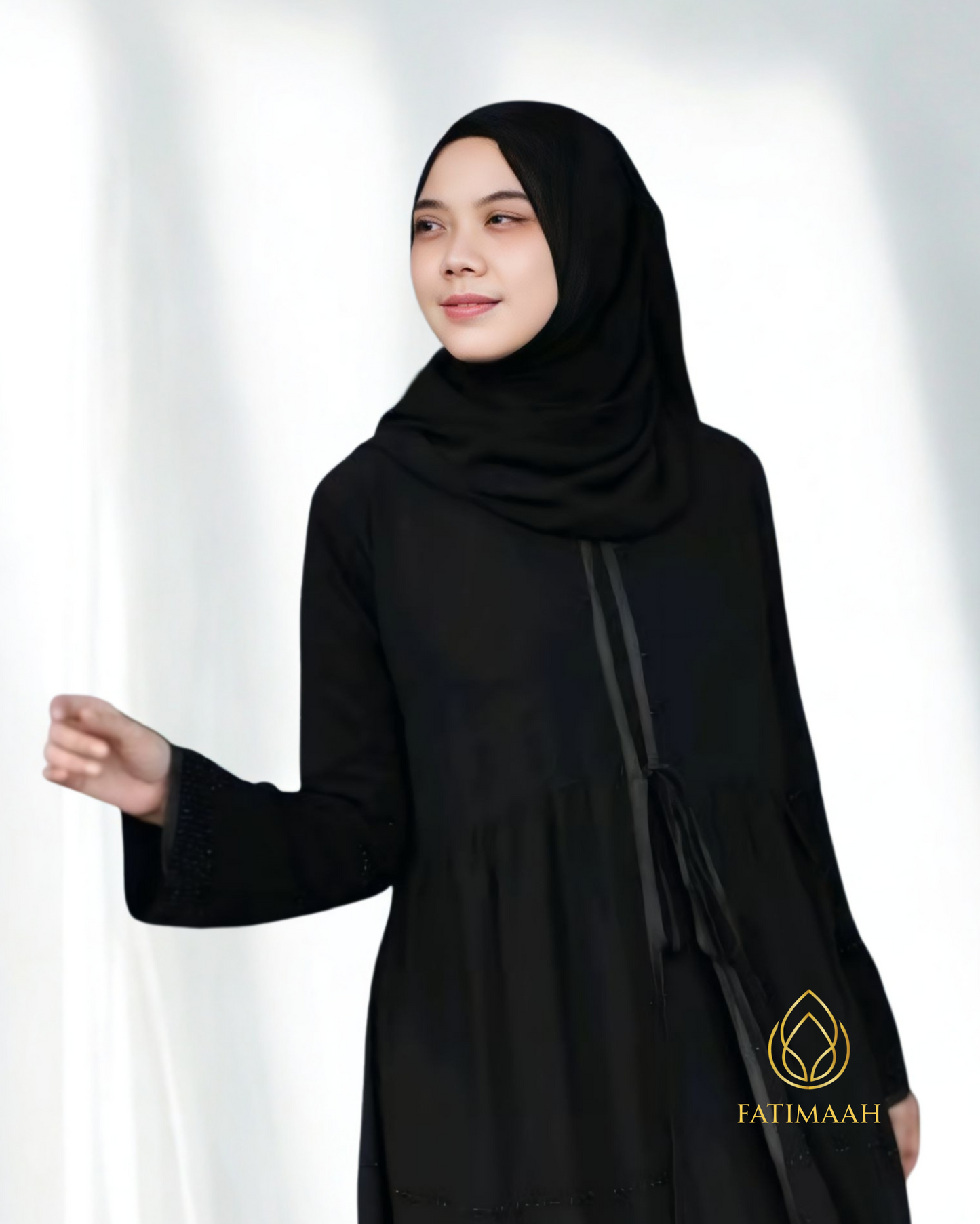 Abaya Alaidrus – Elegant Chiffon Layer with Black Bead Details by Fatimaah